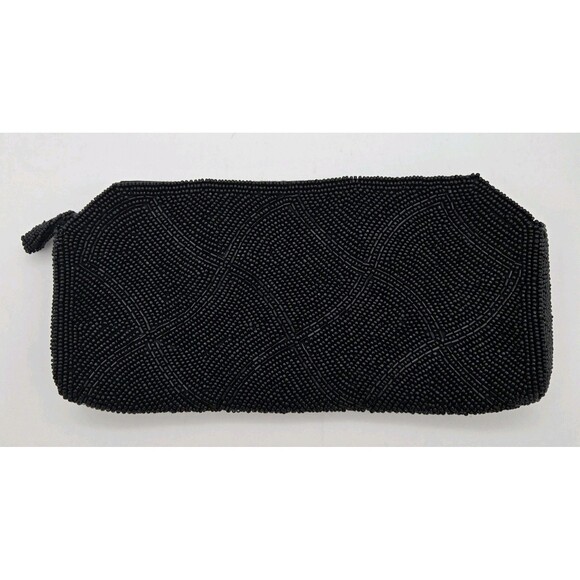 Vintage Black Beaded Clutch Purse Made Japan 8.5x4.25 Evening Zipper Bag - Picture 1 of 6